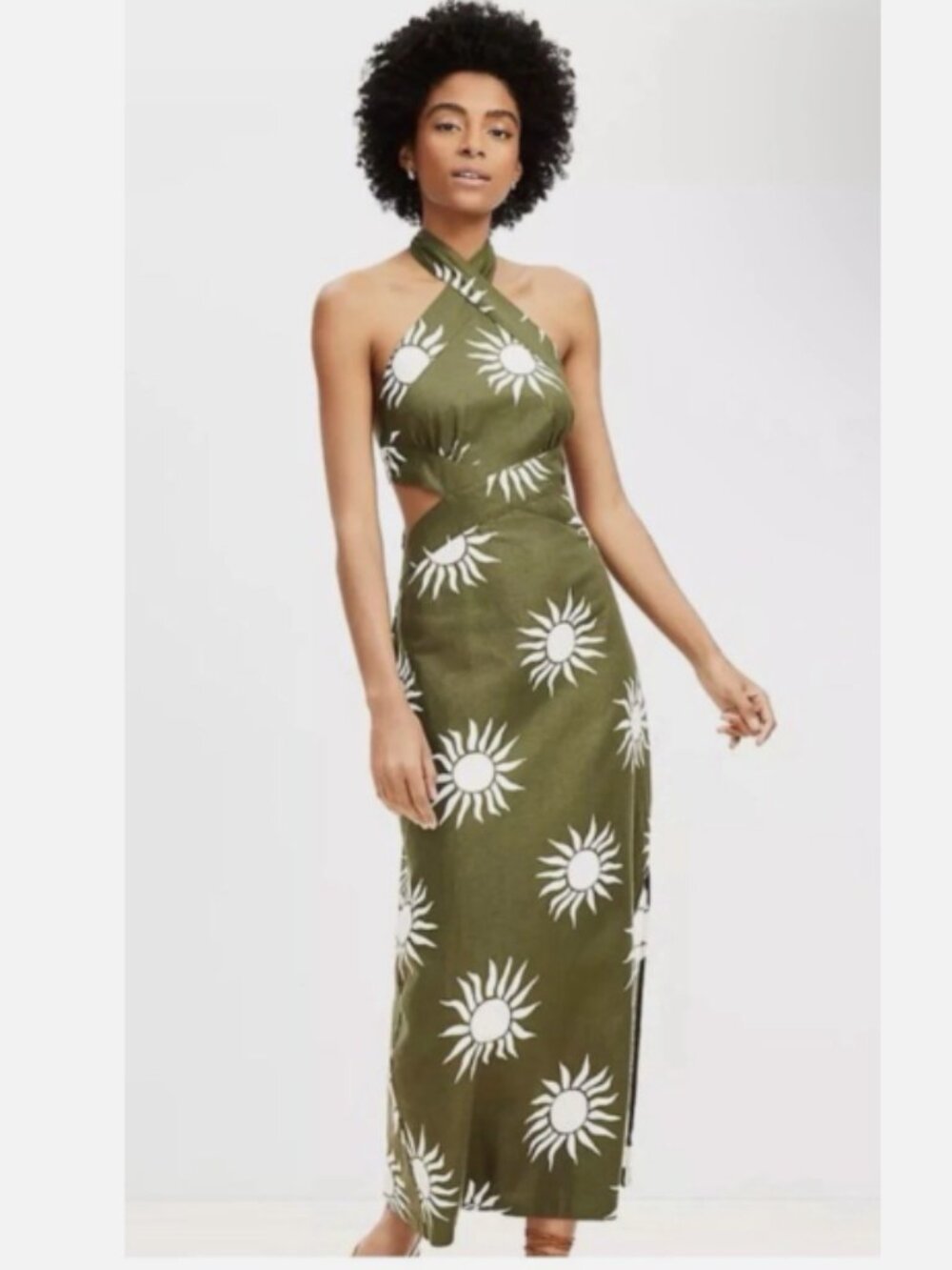 NWT Loft Linen Dress with Cutout Back and Haltar - Olive Green
